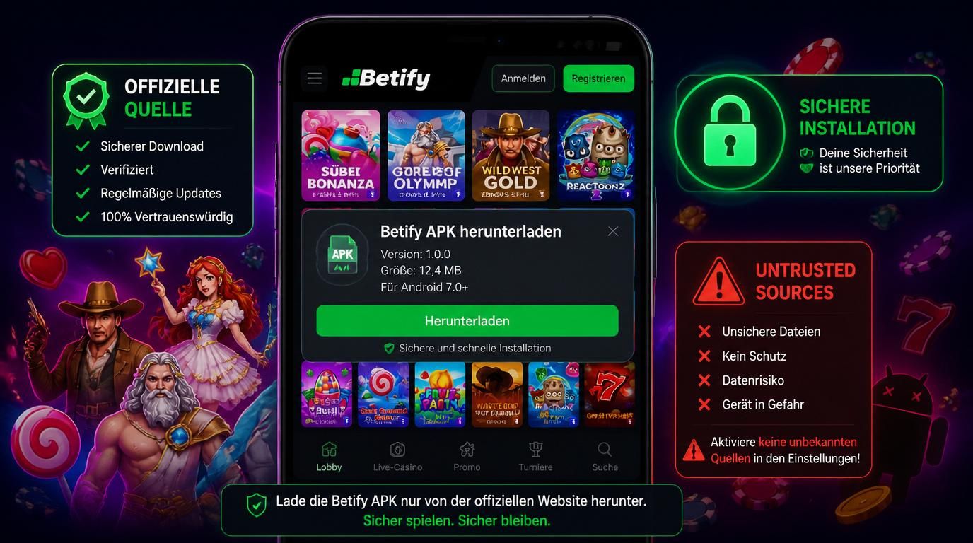 Android-Smartphone mit geöffnetem APK-Download, Schloss-Icon, deutscher Warnhinweis “Nur offizielle Quelle”