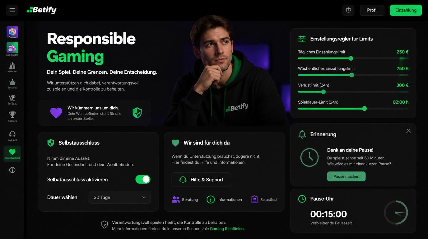 Ein Bild zeigt Tools wie Limits, Erinnerung und Selbstausschluss im Kundencenter