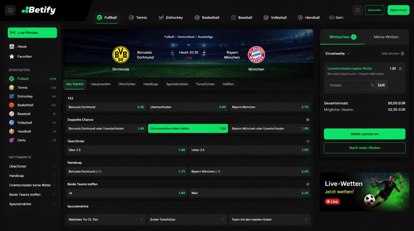 Screenshot einer Sportwetten-Auswahl in der Betify Casino App