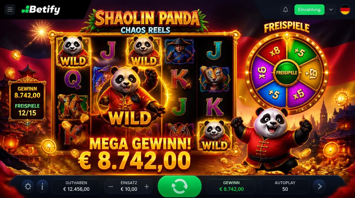 Ein Slot-Spieler erhält Freispiele auf Shaolin Panda Chaos Reels und sieht glitzernde Gewinnlinien