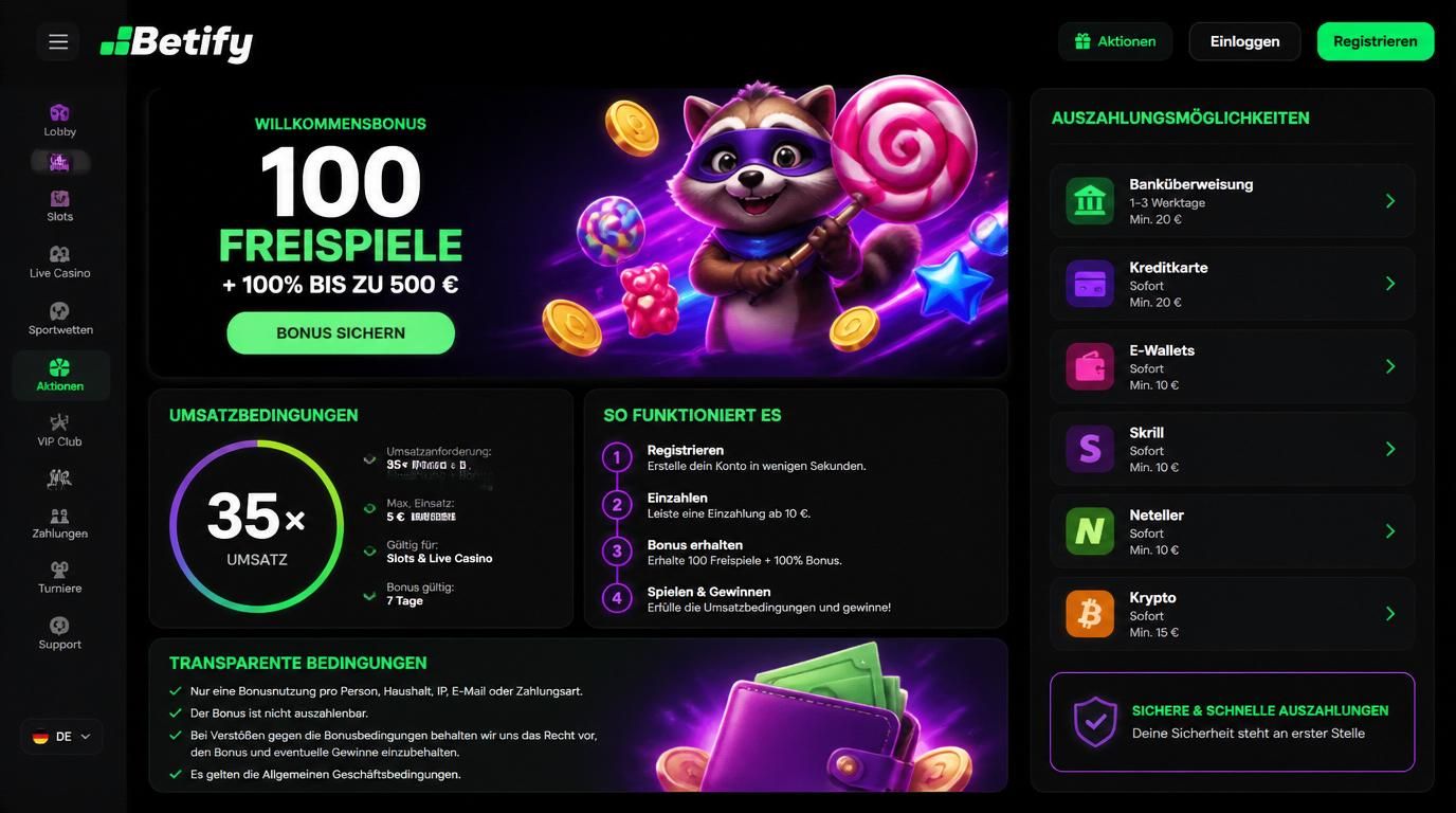 Bonusbanner mit Freispielen, Umsatzbedingungen und Auszahlungs-Icon