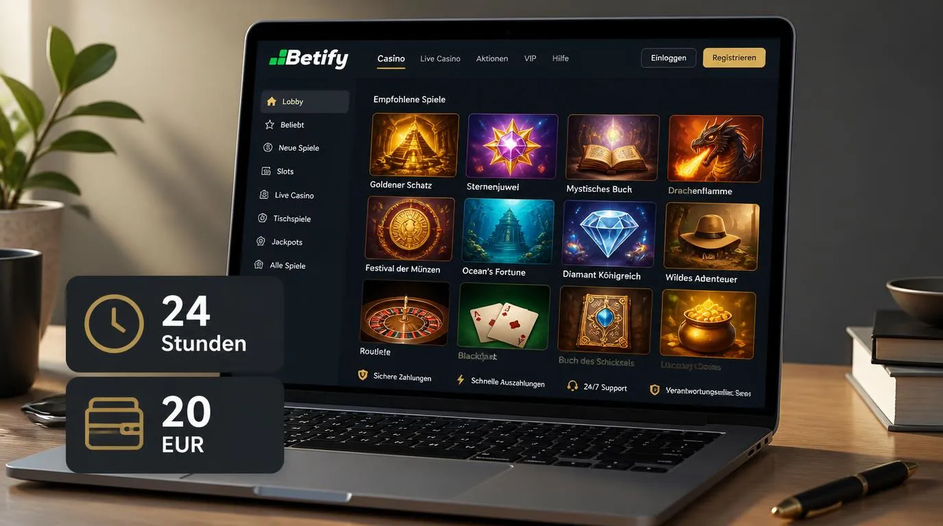 Casino-Oberfläche mit 24-Stunden-Auszahlungsrahmen, 20-EUR-Einzahlung und einer Auswahl an Spielen