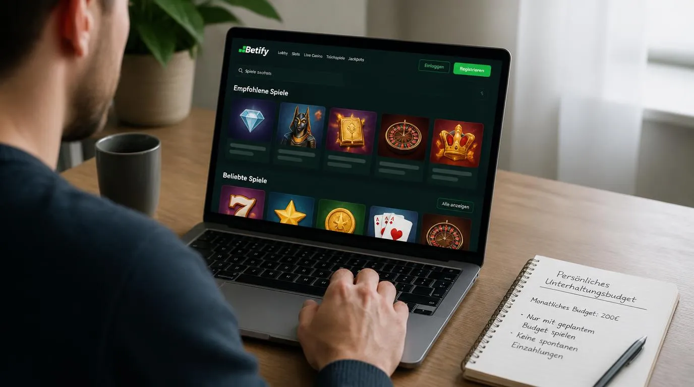 Aufgeräumte Casino-Website auf einem Laptop neben einem Notizbuch für das persönliche Spielbudget
