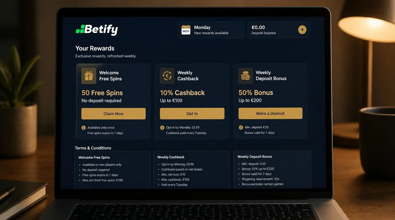 Casino-Bonusübersicht mit Freispielen, wöchentlichem Cashback und Einzahlungsvoraussetzungen