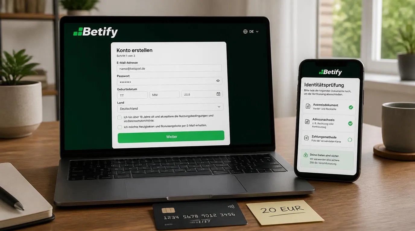 Laptop mit Registrierungsformular und Smartphone mit Hinweis zur Identitätsprüfung vor der ersten Einzahlung
