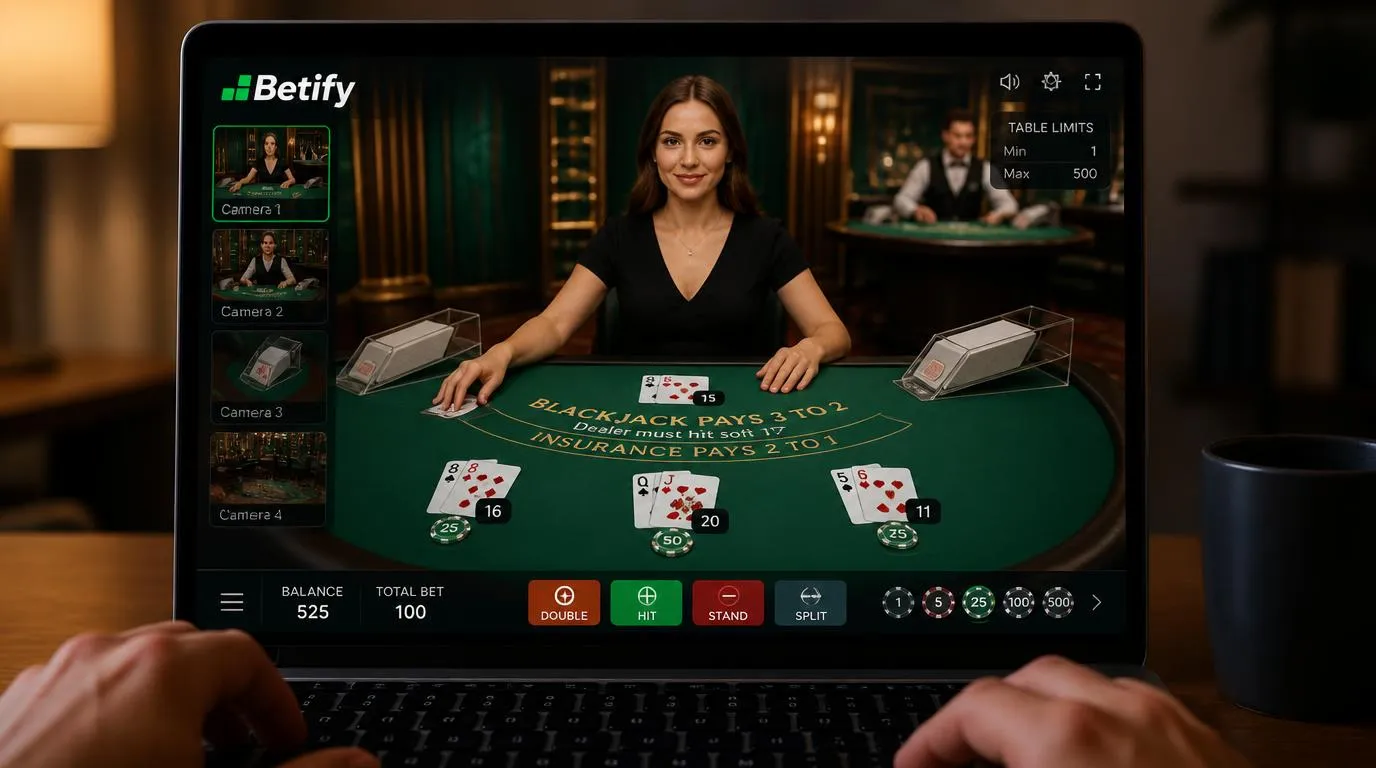 Live-Blackjack-Tisch mit Dealer, Kameras und digitaler Einsatzfläche auf einem Bildschirm